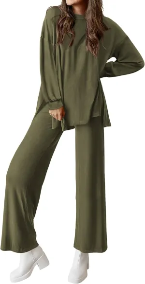 PRETTYGARDEN Womens 2 Piece Outfits Crewneck Long Sleeve Tops Wide Leg Long Pants Casual Lounge Set Tracksuit