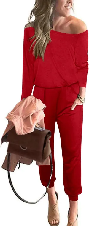 PRETTYGARDEN Women's Casual Long Sleeve Jumpsuit Crewneck Off Shoulder Elastic Waist Stretchy Romper