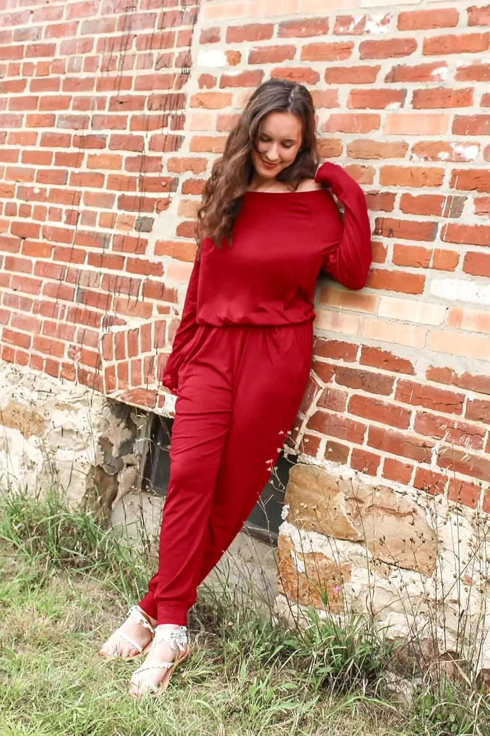 PRETTYGARDEN Women's Casual Long Sleeve Jumpsuit Crewneck Off Shoulder Elastic Waist Stretchy Romper