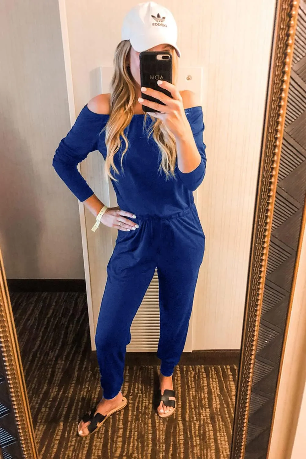 PRETTYGARDEN Women's Casual Long Sleeve Jumpsuit Crewneck Off Shoulder Elastic Waist Stretchy Romper