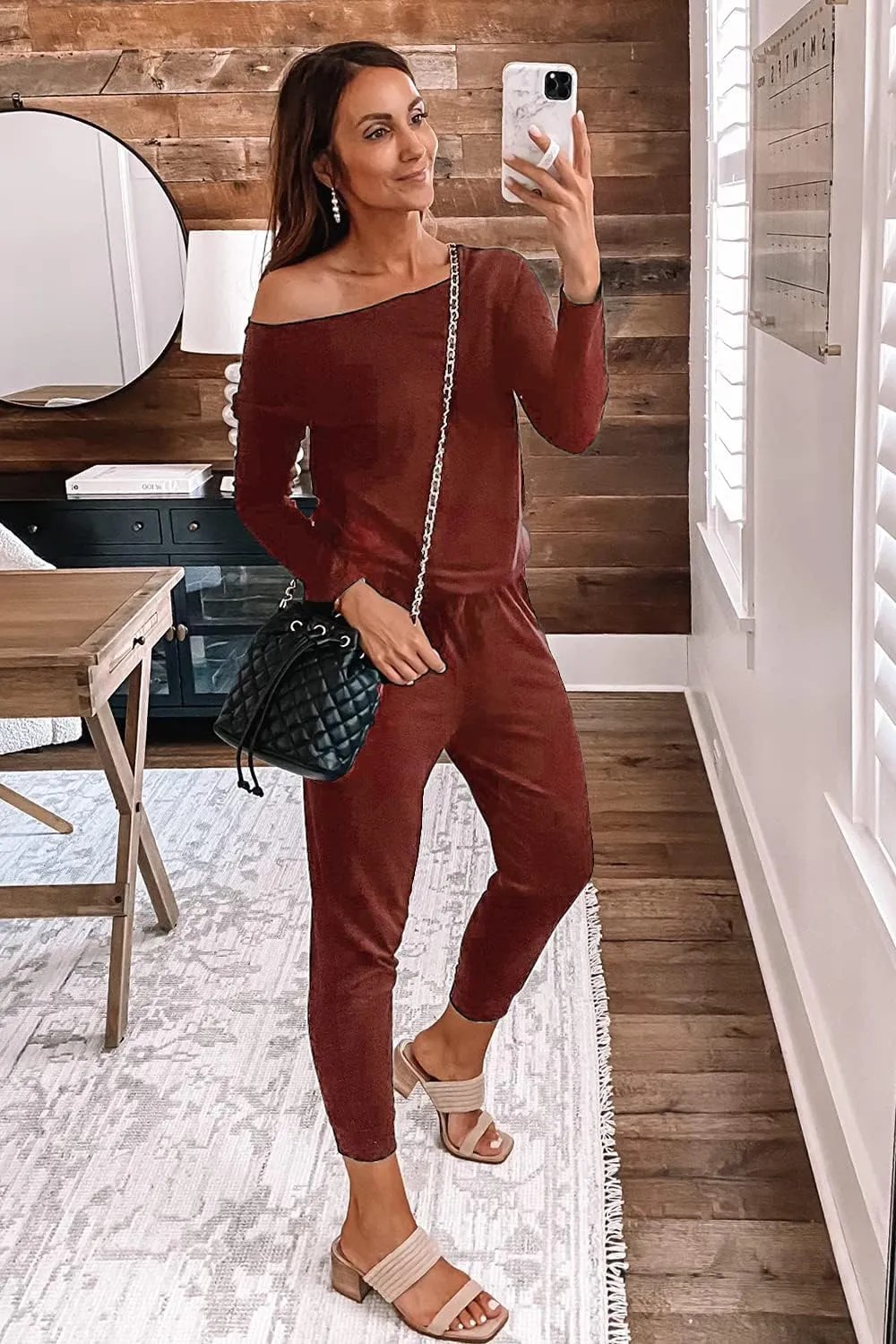 PRETTYGARDEN Women's Casual Long Sleeve Jumpsuit Crewneck Off Shoulder Elastic Waist Stretchy Romper