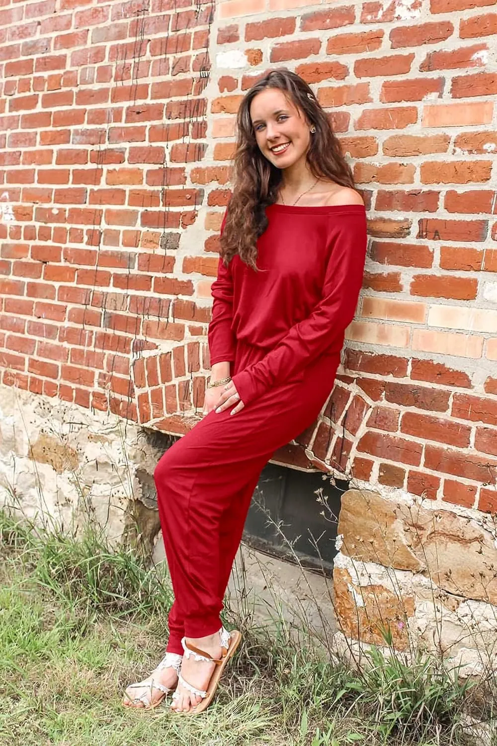 PRETTYGARDEN Women's Casual Long Sleeve Jumpsuit Crewneck Off Shoulder Elastic Waist Stretchy Romper