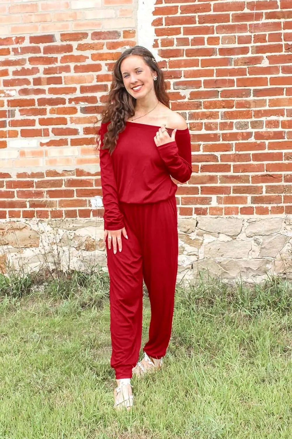 PRETTYGARDEN Women's Casual Long Sleeve Jumpsuit Crewneck Off Shoulder Elastic Waist Stretchy Romper