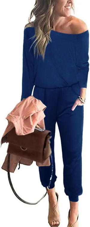 PRETTYGARDEN Women's Casual Long Sleeve Jumpsuit Crewneck Off Shoulder Elastic Waist Stretchy Romper