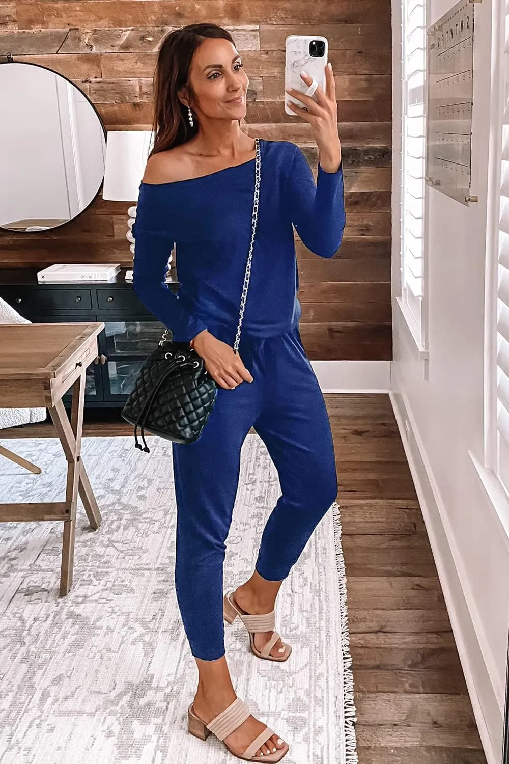 PRETTYGARDEN Women's Casual Long Sleeve Jumpsuit Crewneck Off Shoulder Elastic Waist Stretchy Romper