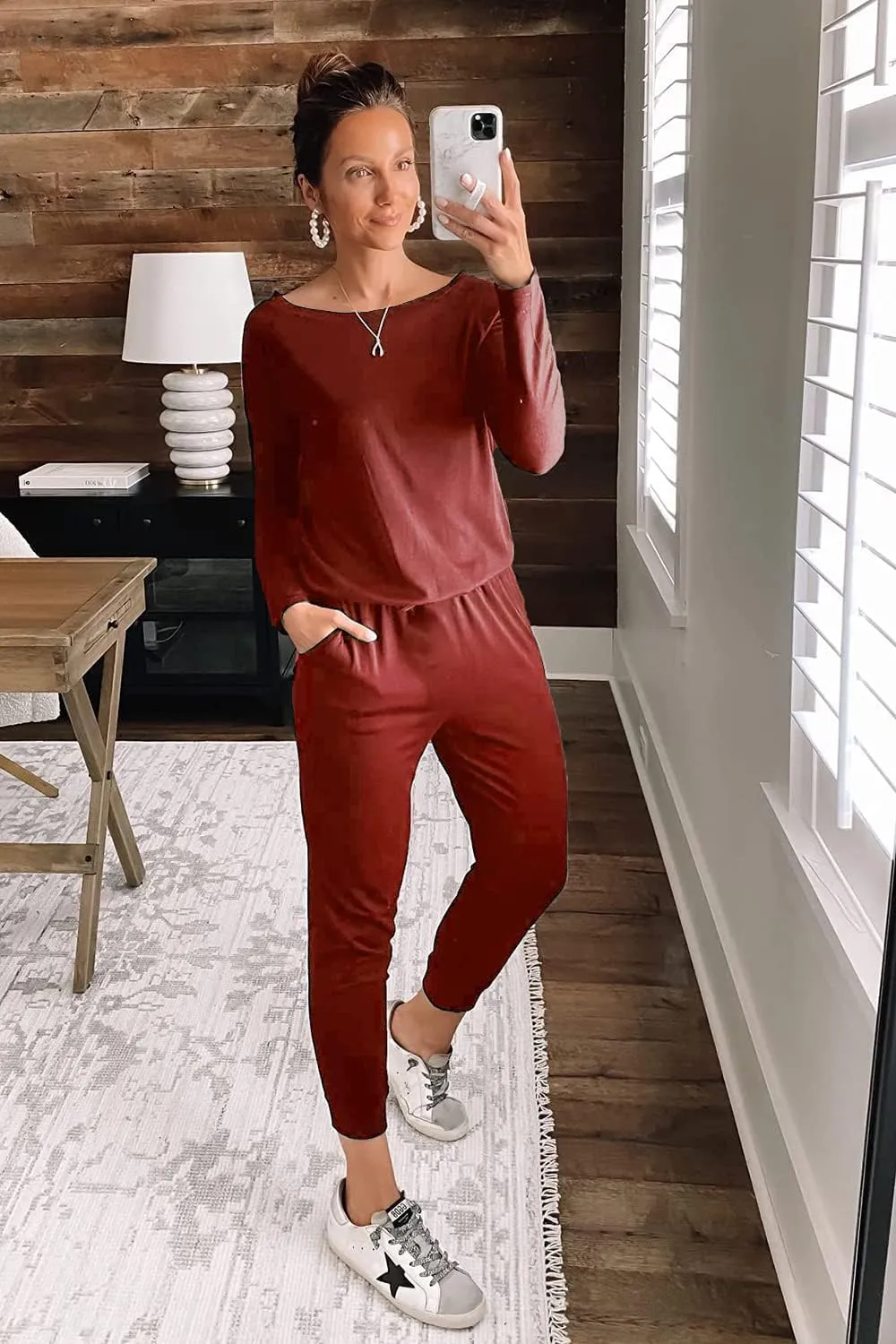 PRETTYGARDEN Women's Casual Long Sleeve Jumpsuit Crewneck Off Shoulder Elastic Waist Stretchy Romper