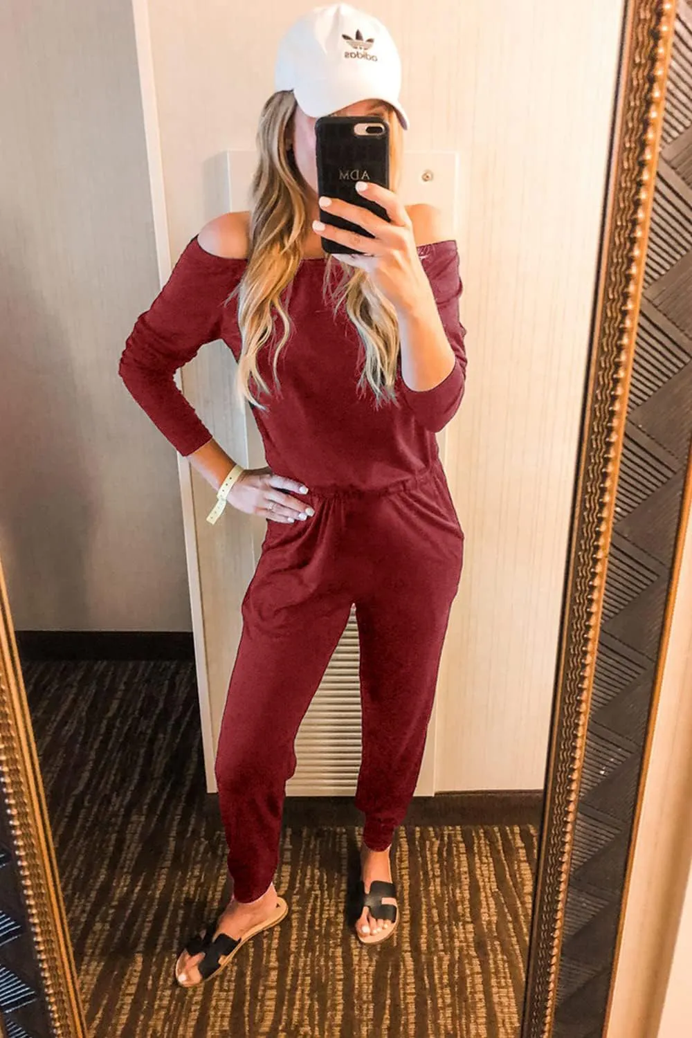PRETTYGARDEN Women's Casual Long Sleeve Jumpsuit Crewneck Off Shoulder Elastic Waist Stretchy Romper