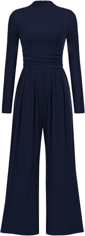 PRETTYGARDEN Womens Jumpsuit Dressy Casual Spring Fall Fashion One Piece Outfits Long Sleeve Mock Neck Wide Leg Pants Rompers