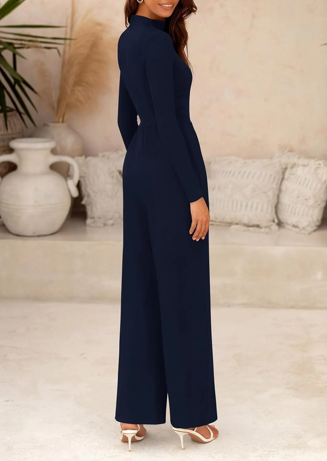 PRETTYGARDEN Womens Jumpsuit Dressy Casual Spring Fall Fashion One Piece Outfits Long Sleeve Mock Neck Wide Leg Pants Rompers