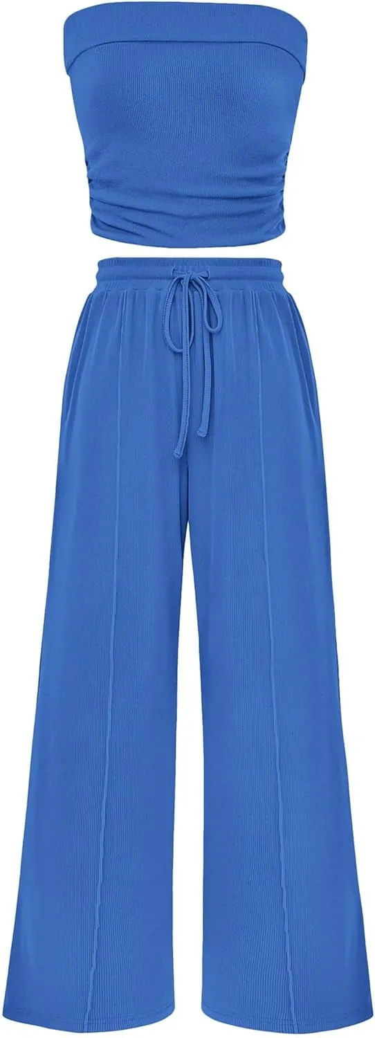 PRETTYGARDEN Womens Summer Outfits 2 Piece Sets Casual Ribbed Knit Crop Tube Top Wide Leg Pants Spring Matching Lounge Set