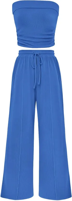 PRETTYGARDEN Womens Summer Outfits 2 Piece Sets Casual Ribbed Knit Crop Tube Top Wide Leg Pants Spring Matching Lounge Set