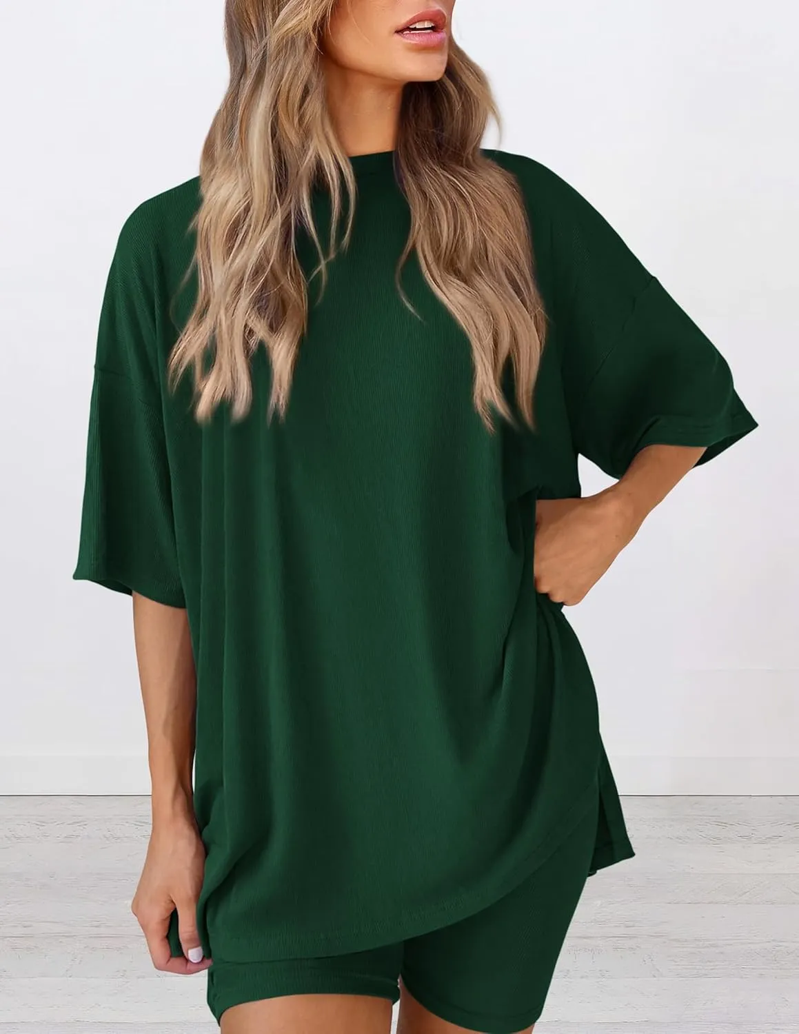 PRETTYGARDEN Women's Two Piece Lounge Set 2025 Summer Casual Oversized Shirts Biker Shorts Matching Airport Travel Outfit