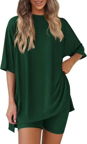 PRETTYGARDEN Women's Two Piece Lounge Set 2025 Summer Casual Oversized Shirts Biker Shorts Matching Airport Travel Outfit