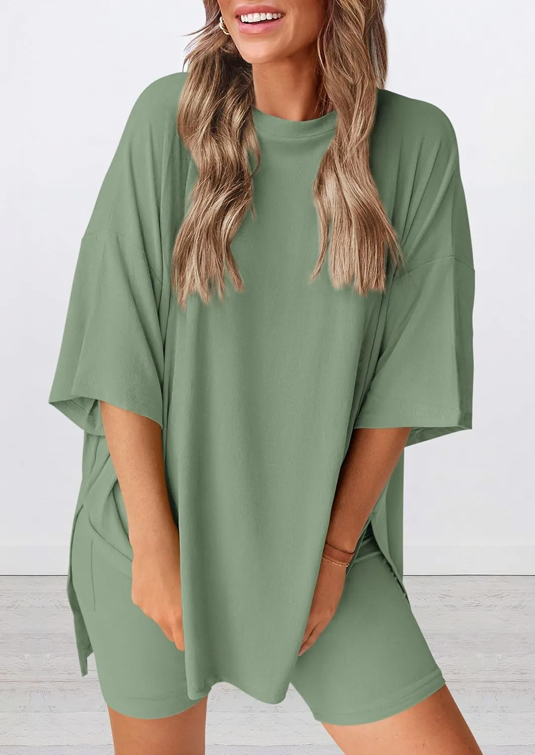 PRETTYGARDEN Women's Two Piece Lounge Set 2025 Summer Casual Oversized Shirts Biker Shorts Matching Airport Travel Outfit