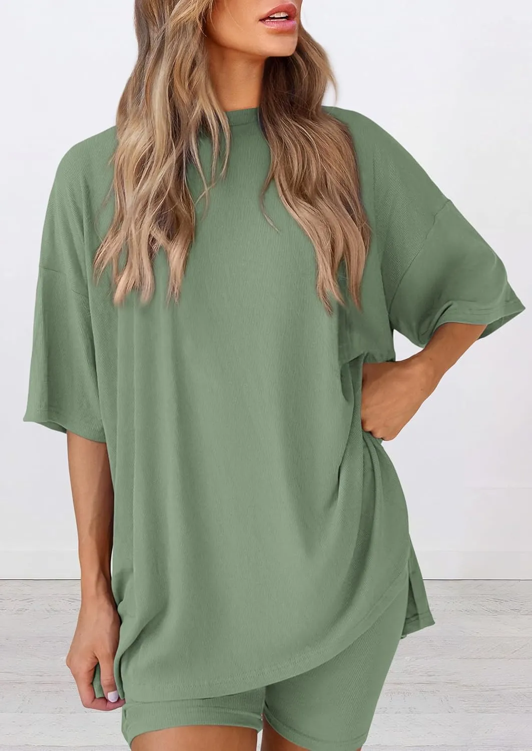 PRETTYGARDEN Women's Two Piece Lounge Set 2025 Summer Casual Oversized Shirts Biker Shorts Matching Airport Travel Outfit