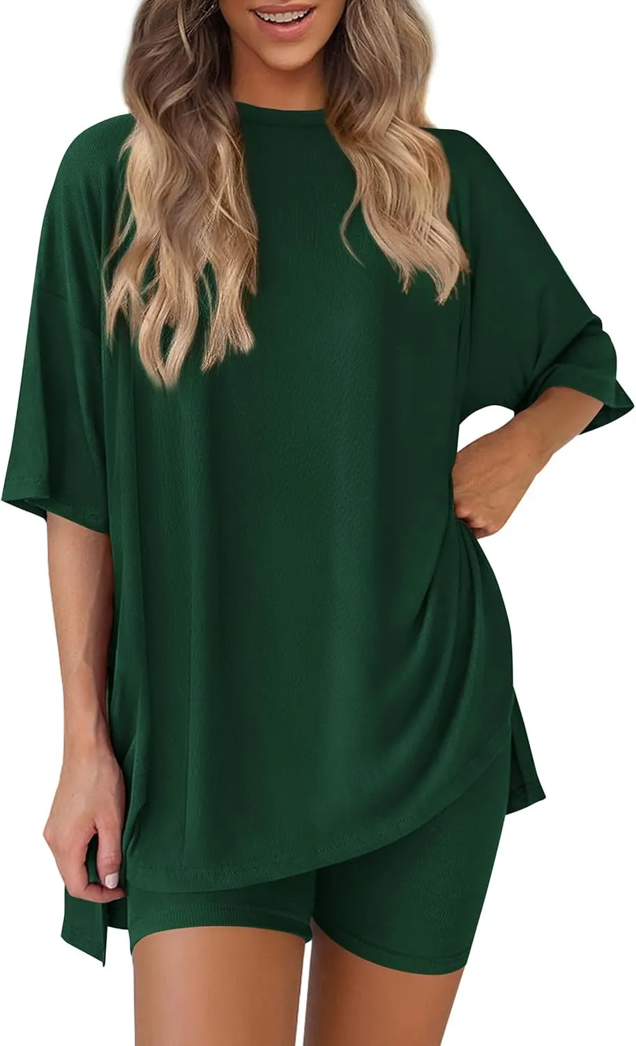 PRETTYGARDEN Women's Two Piece Lounge Set 2025 Summer Casual Oversized Shirts Biker Shorts Matching Airport Travel Outfit