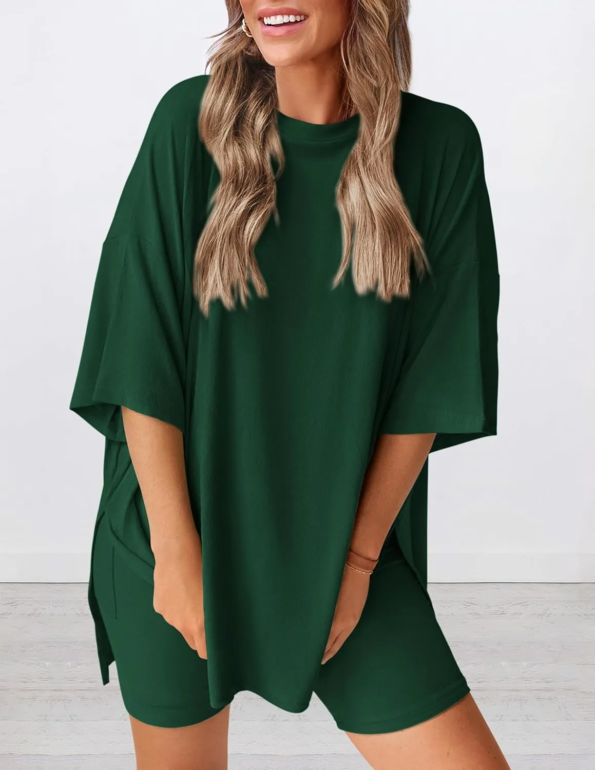 PRETTYGARDEN Women's Two Piece Lounge Set 2025 Summer Casual Oversized Shirts Biker Shorts Matching Airport Travel Outfit