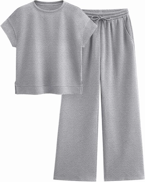 PRETTYGARDEN 2 Piece Outfits For Women Casual Tracksuit Short Sleeve Tops And Wide Leg Long Pants Matching Lounge Sets