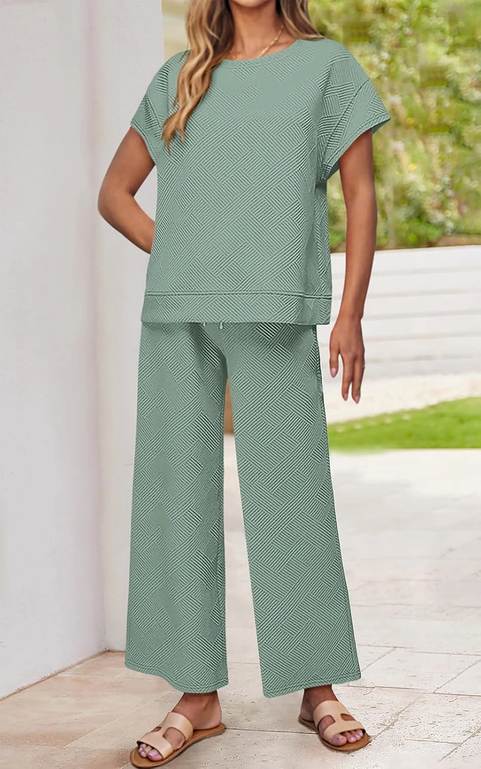 PRETTYGARDEN 2 Piece Outfits For Women Casual Tracksuit Short Sleeve Tops And Wide Leg Long Pants Matching Lounge Sets
