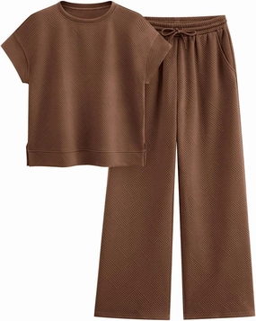 PRETTYGARDEN 2 Piece Outfits For Women Casual Tracksuit Short Sleeve Tops And Wide Leg Long Pants Matching Lounge Sets