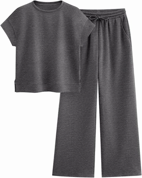 PRETTYGARDEN 2 Piece Outfits For Women Casual Tracksuit Short Sleeve Tops And Wide Leg Long Pants Matching Lounge Sets