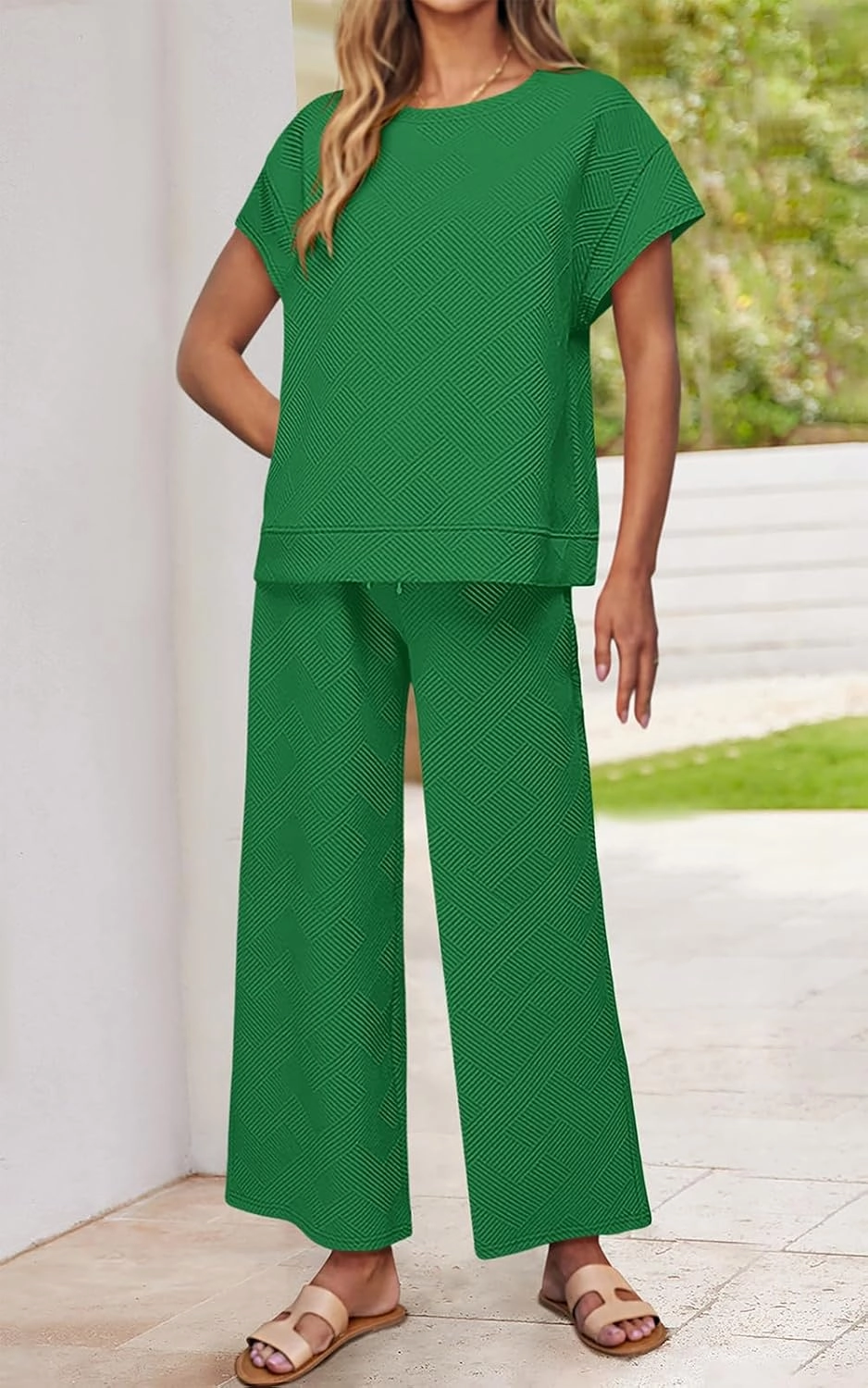 PRETTYGARDEN 2 Piece Outfits For Women Casual Tracksuit Short Sleeve Tops And Wide Leg Long Pants Matching Lounge Sets