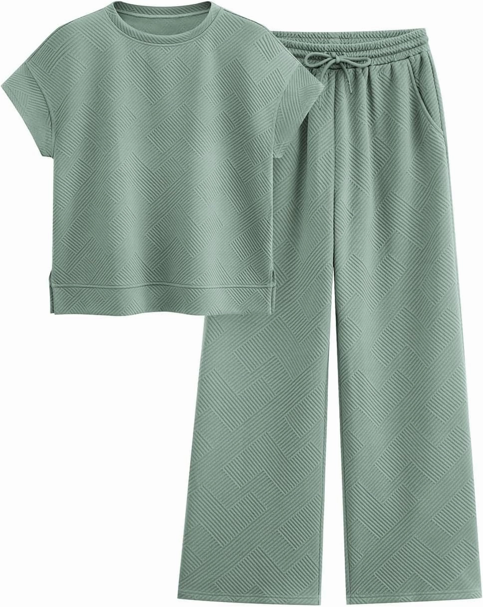 PRETTYGARDEN 2 Piece Outfits For Women Casual Tracksuit Short Sleeve Tops And Wide Leg Long Pants Matching Lounge Sets