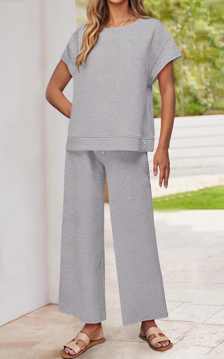 PRETTYGARDEN 2 Piece Outfits For Women Casual Tracksuit Short Sleeve Tops And Wide Leg Long Pants Matching Lounge Sets