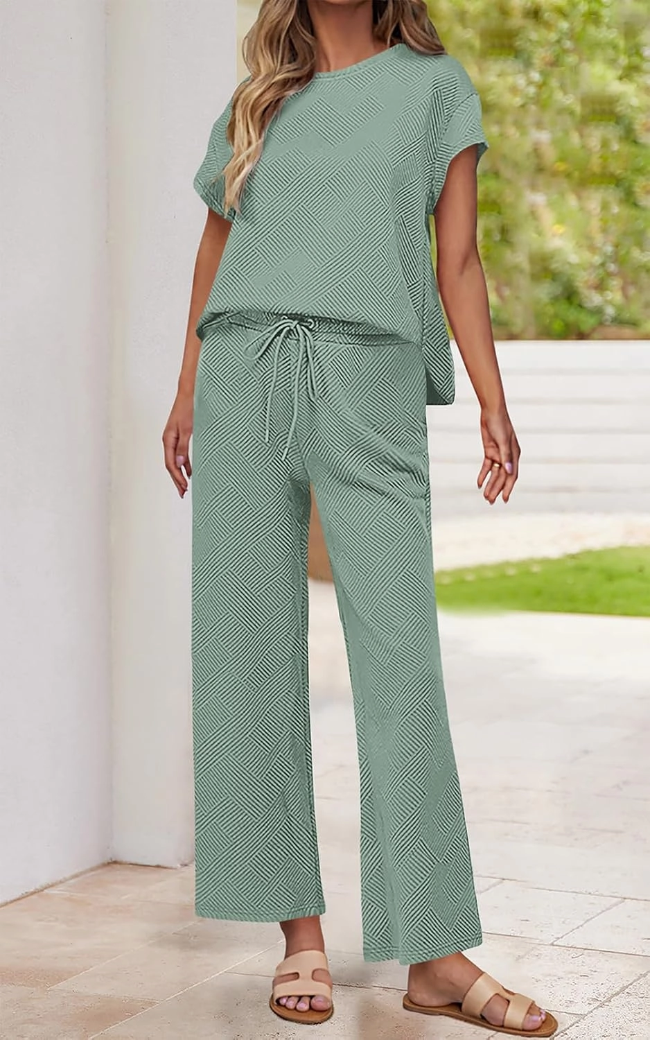 PRETTYGARDEN 2 Piece Outfits For Women Casual Tracksuit Short Sleeve Tops And Wide Leg Long Pants Matching Lounge Sets