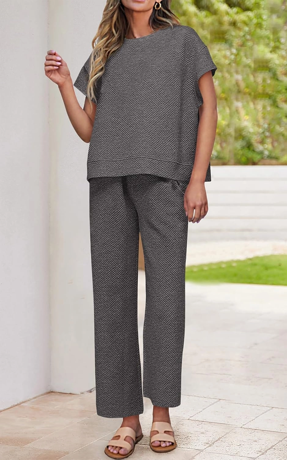 PRETTYGARDEN 2 Piece Outfits For Women Casual Tracksuit Short Sleeve Tops And Wide Leg Long Pants Matching Lounge Sets
