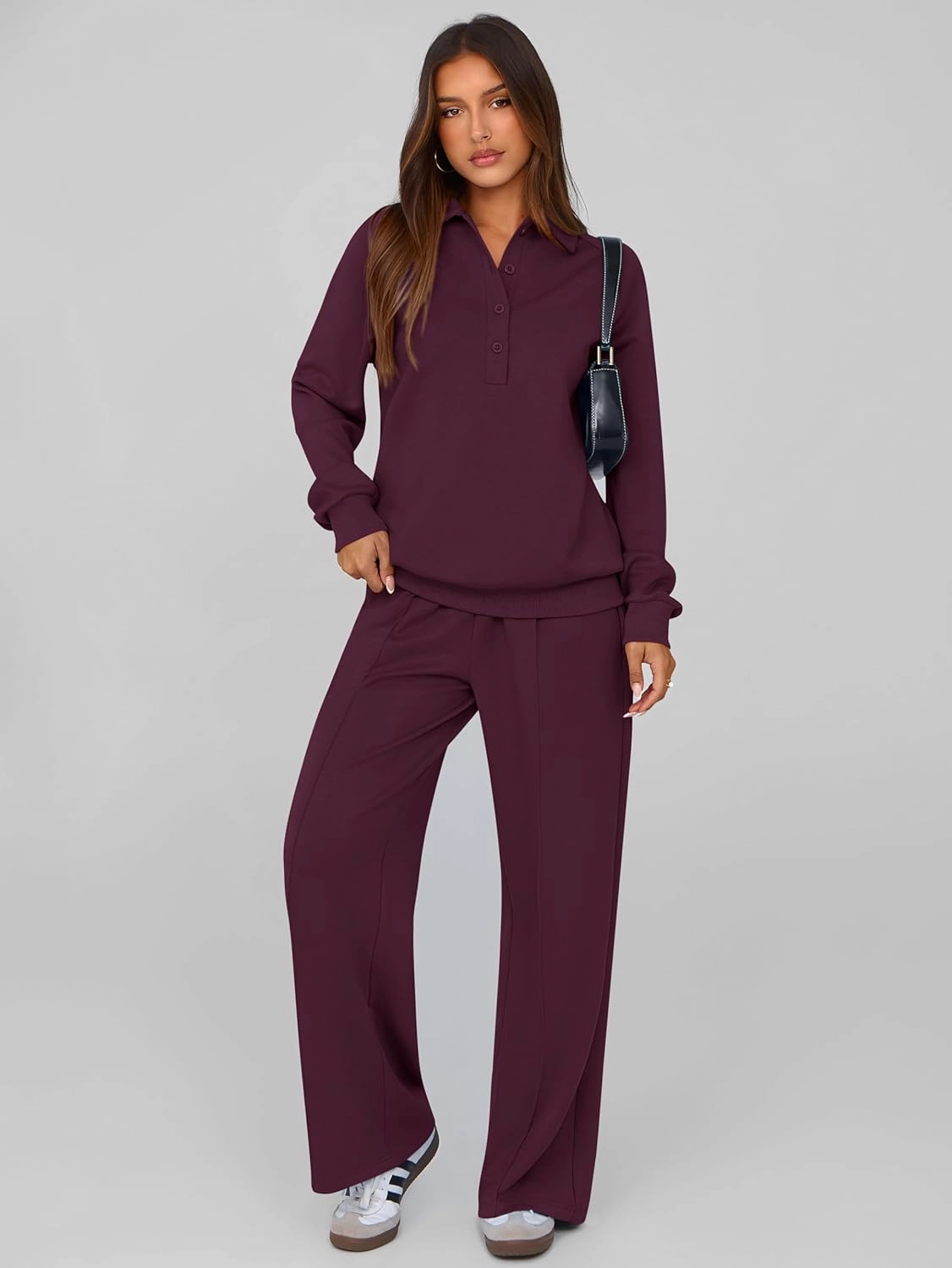 PRETTYGARDEN Women Fall 2 Piece Outfits Sweatsuits Quarter Button Long Sleeve Sweatshirt Wide Leg Pants Tracksuit Lounge Sets