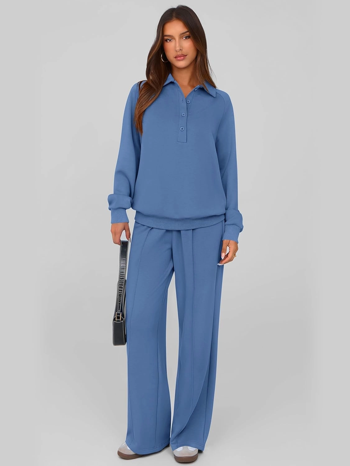 PRETTYGARDEN Women Fall 2 Piece Outfits Sweatsuits Quarter Button Long Sleeve Sweatshirt Wide Leg Pants Tracksuit Lounge Sets