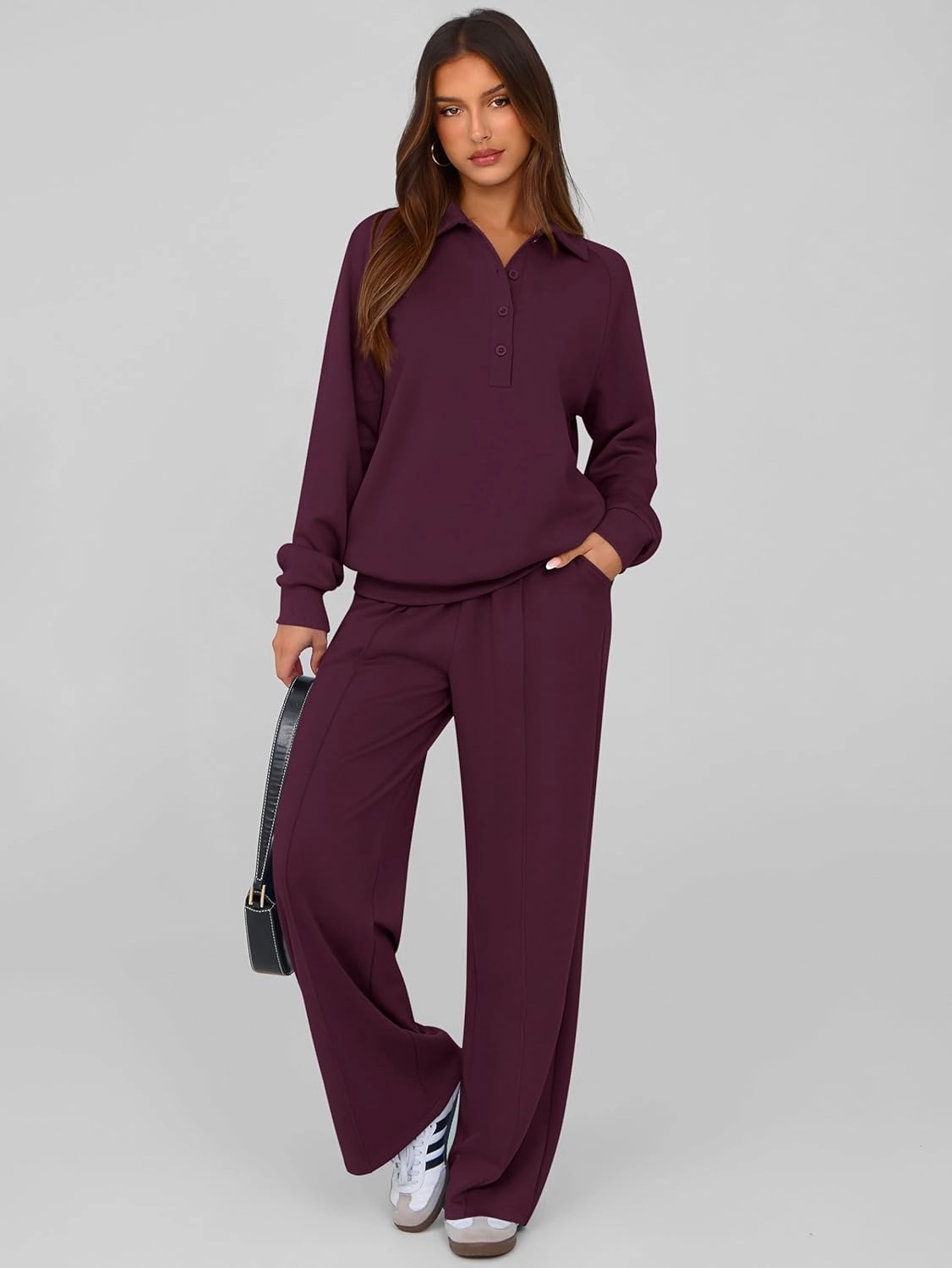 PRETTYGARDEN Women Fall 2 Piece Outfits Sweatsuits Quarter Button Long Sleeve Sweatshirt Wide Leg Pants Tracksuit Lounge Sets