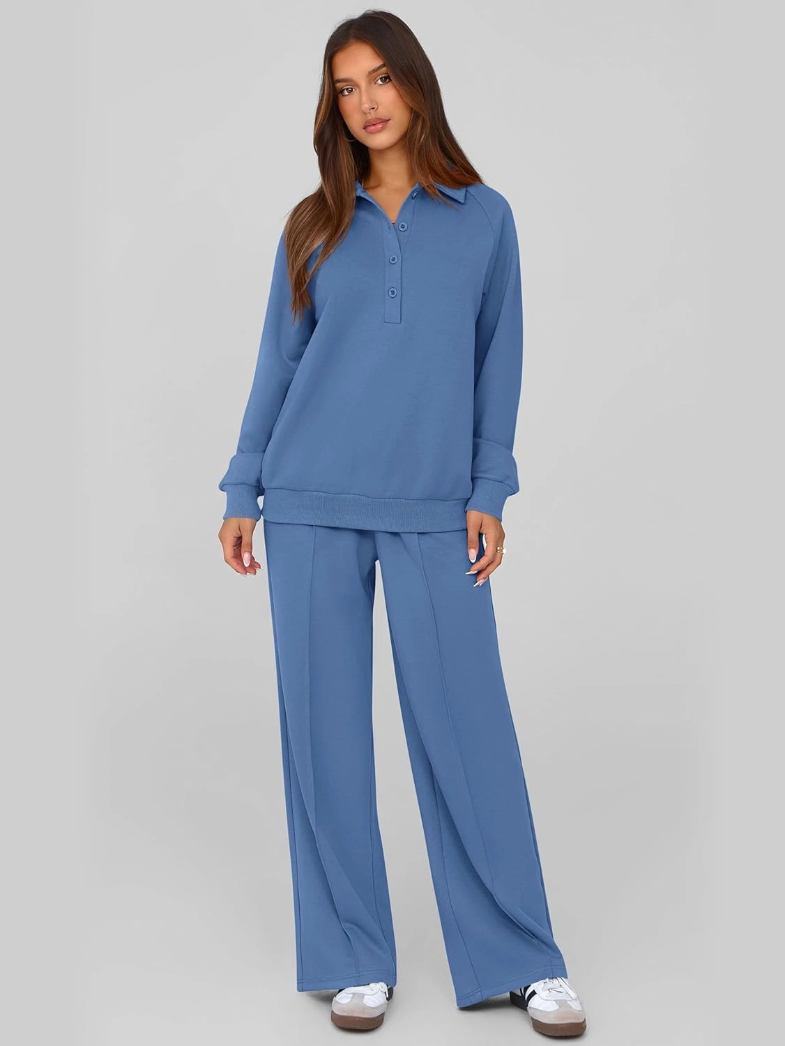 PRETTYGARDEN Women Fall 2 Piece Outfits Sweatsuits Quarter Button Long Sleeve Sweatshirt Wide Leg Pants Tracksuit Lounge Sets
