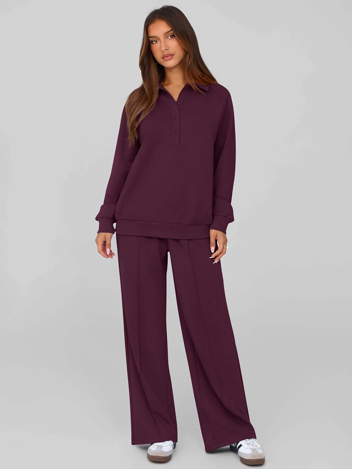 PRETTYGARDEN Women Fall 2 Piece Outfits Sweatsuits Quarter Button Long Sleeve Sweatshirt Wide Leg Pants Tracksuit Lounge Sets