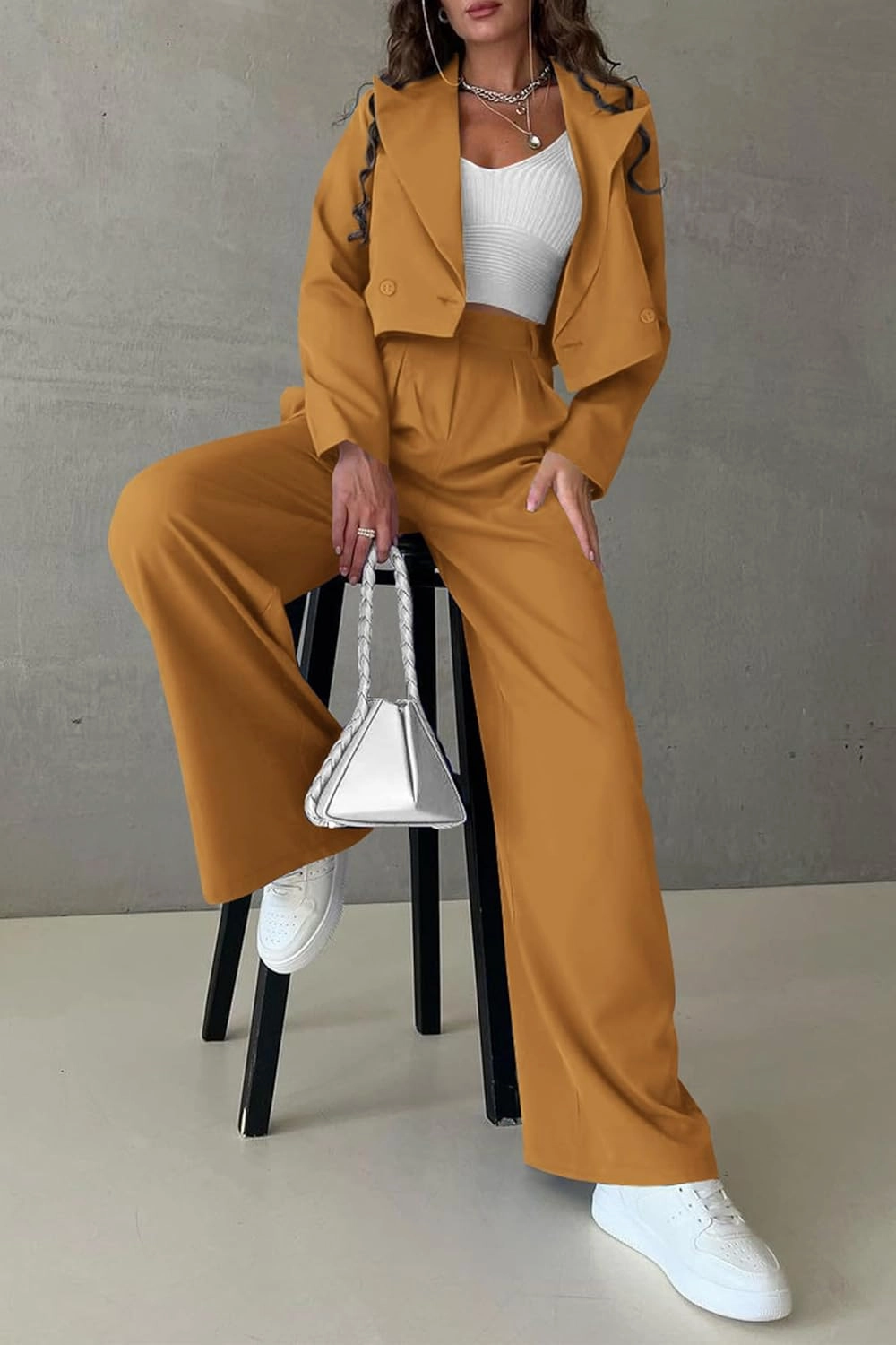 PRETTYGARDEN Women's 2 Piece Casual Outfits Cropped Blazer Jackets High Waisted Wide Leg Work Pants Suit Set