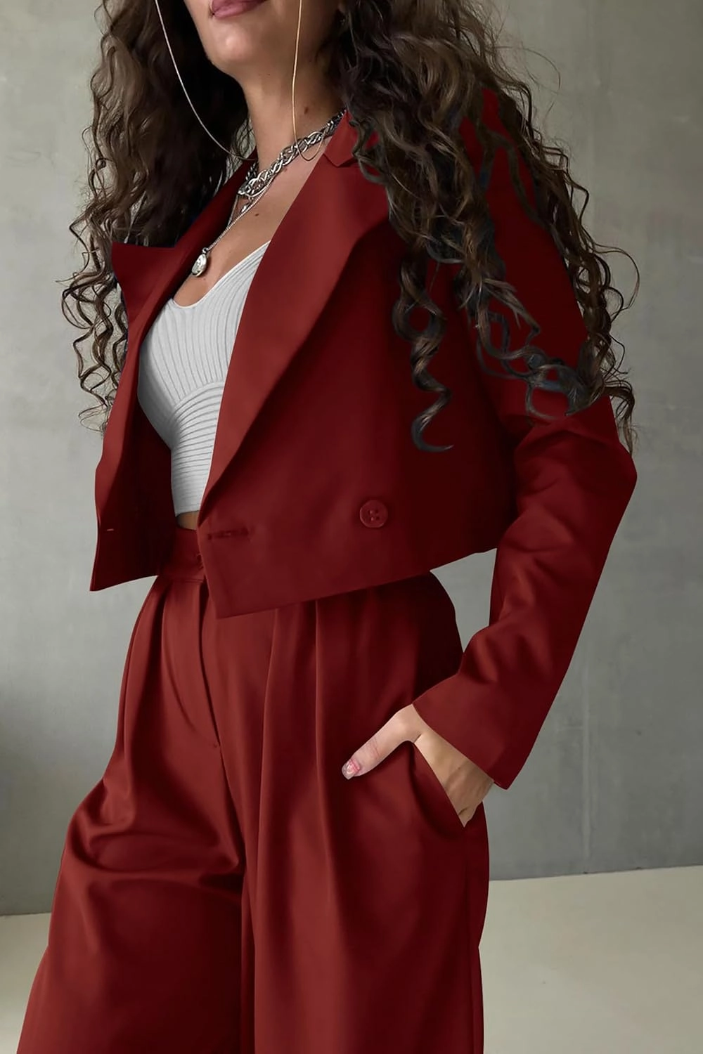 PRETTYGARDEN Women's 2 Piece Casual Outfits Cropped Blazer Jackets High Waisted Wide Leg Work Pants Suit Set