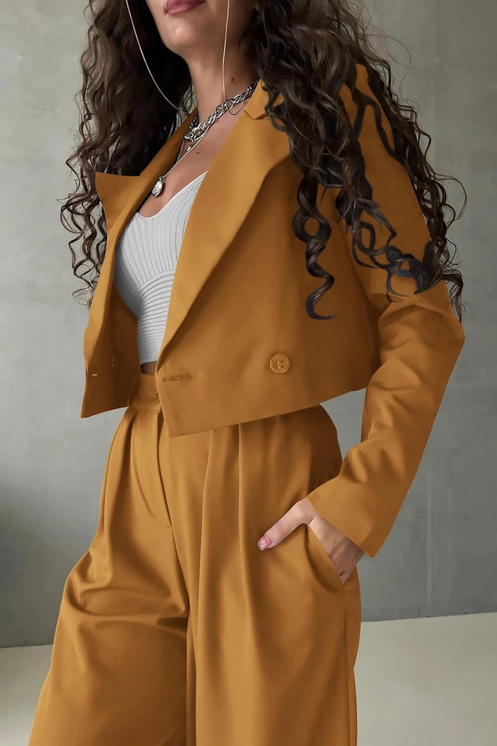 PRETTYGARDEN Women's 2 Piece Casual Outfits Cropped Blazer Jackets High Waisted Wide Leg Work Pants Suit Set