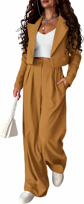 PRETTYGARDEN Women's 2 Piece Casual Outfits Cropped Blazer Jackets High Waisted Wide Leg Work Pants Suit Set