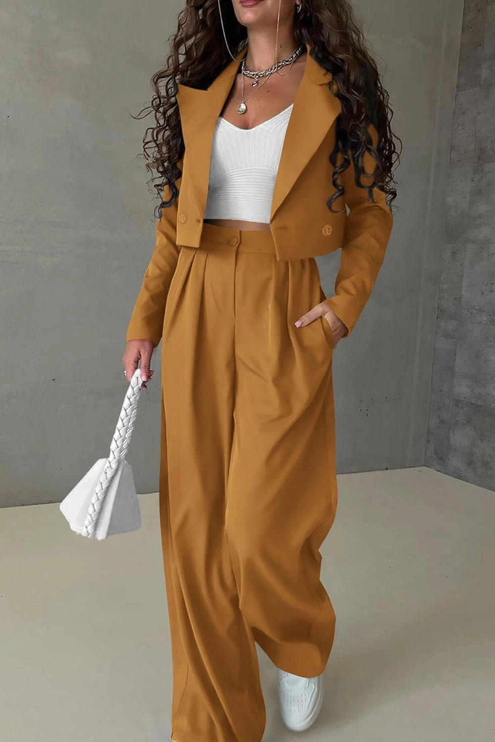 PRETTYGARDEN Women's 2 Piece Casual Outfits Cropped Blazer Jackets High Waisted Wide Leg Work Pants Suit Set