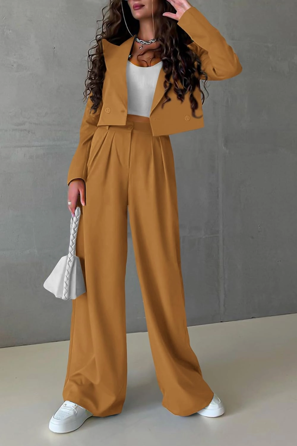 PRETTYGARDEN Women's 2 Piece Casual Outfits Cropped Blazer Jackets High Waisted Wide Leg Work Pants Suit Set