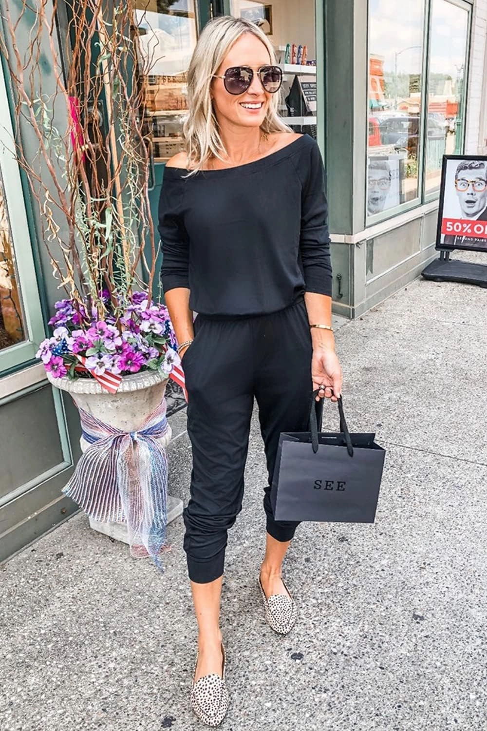 PRETTYGARDEN Women's Casual Long Sleeve Jumpsuit Crewneck Off Shoulder Elastic Waist Stretchy Romper