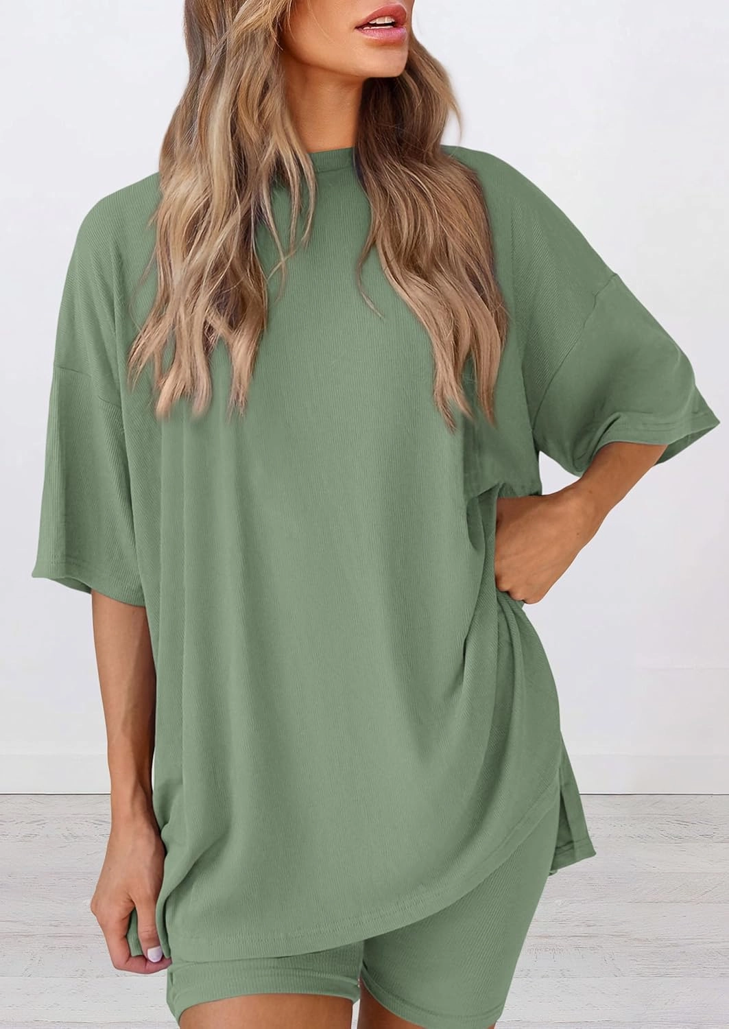PRETTYGARDEN Women's Two Piece Lounge Set 2025 Summer Casual Oversized Shirts Biker Shorts Matching Airport Travel Outfit