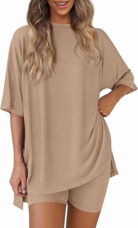 PRETTYGARDEN Women's Two Piece Lounge Set 2025 Summer Casual Oversized Shirts Biker Shorts Matching Airport Travel Outfit