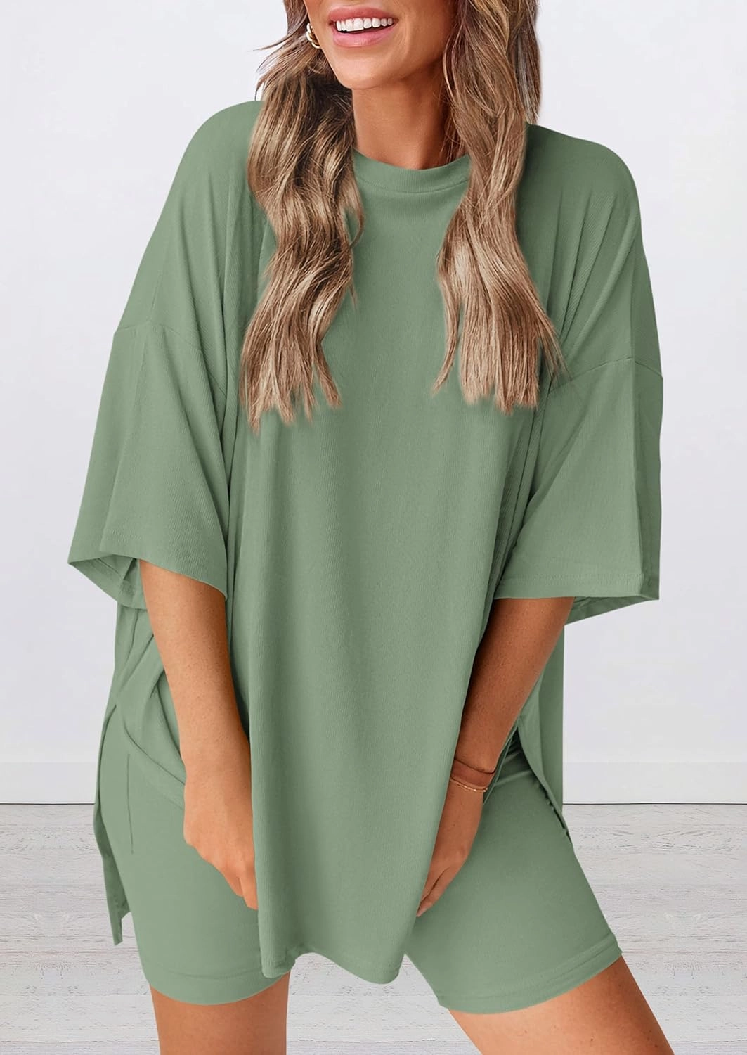 PRETTYGARDEN Women's Two Piece Lounge Set 2025 Summer Casual Oversized Shirts Biker Shorts Matching Airport Travel Outfit