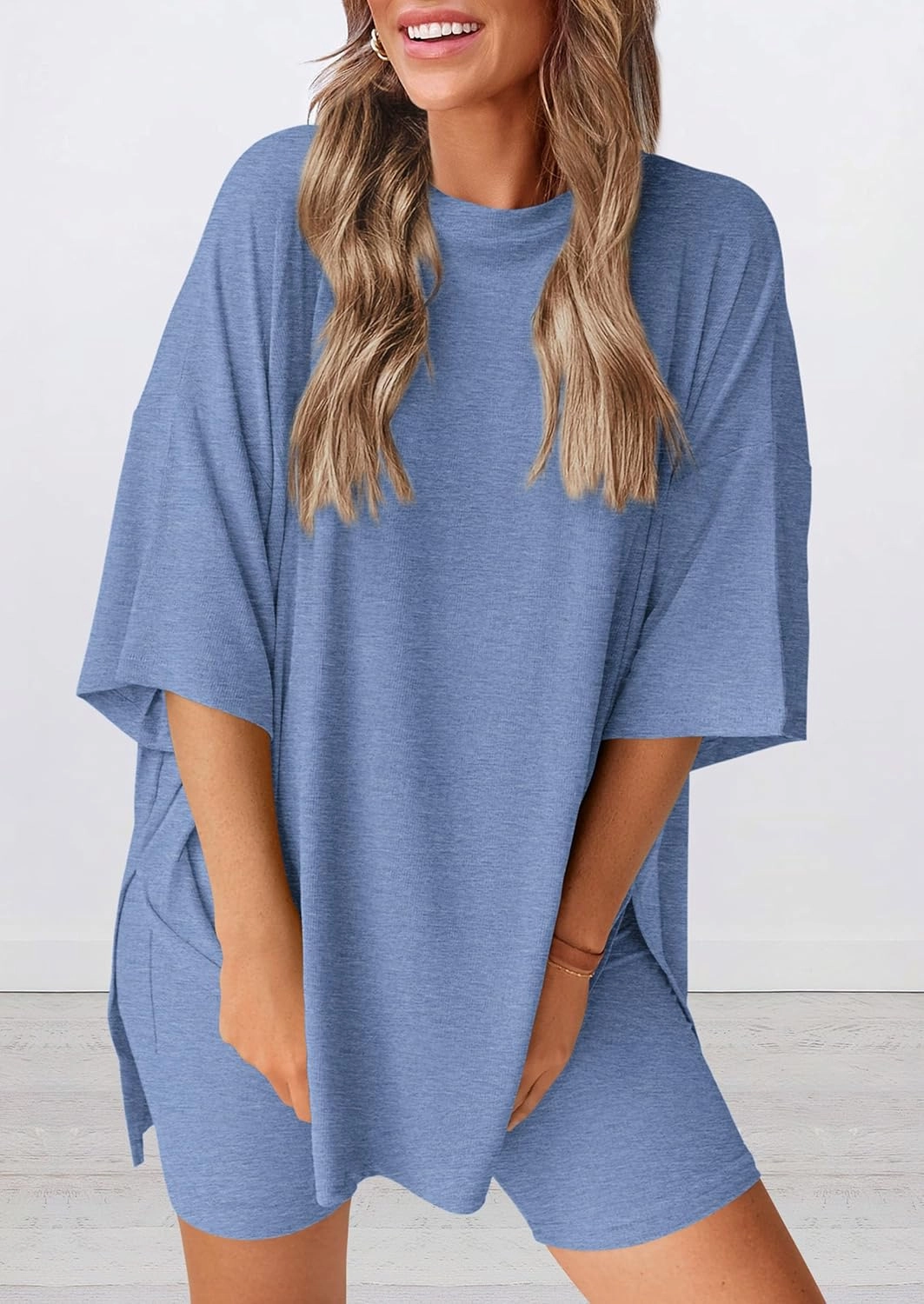 PRETTYGARDEN Women's Two Piece Lounge Set 2025 Summer Casual Oversized Shirts Biker Shorts Matching Airport Travel Outfit