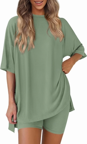 PRETTYGARDEN Women's Two Piece Lounge Set 2025 Summer Casual Oversized Shirts Biker Shorts Matching Airport Travel Outfit