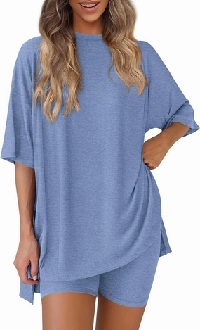 PRETTYGARDEN Women's Two Piece Lounge Set 2025 Summer Casual Oversized Shirts Biker Shorts Matching Airport Travel Outfit