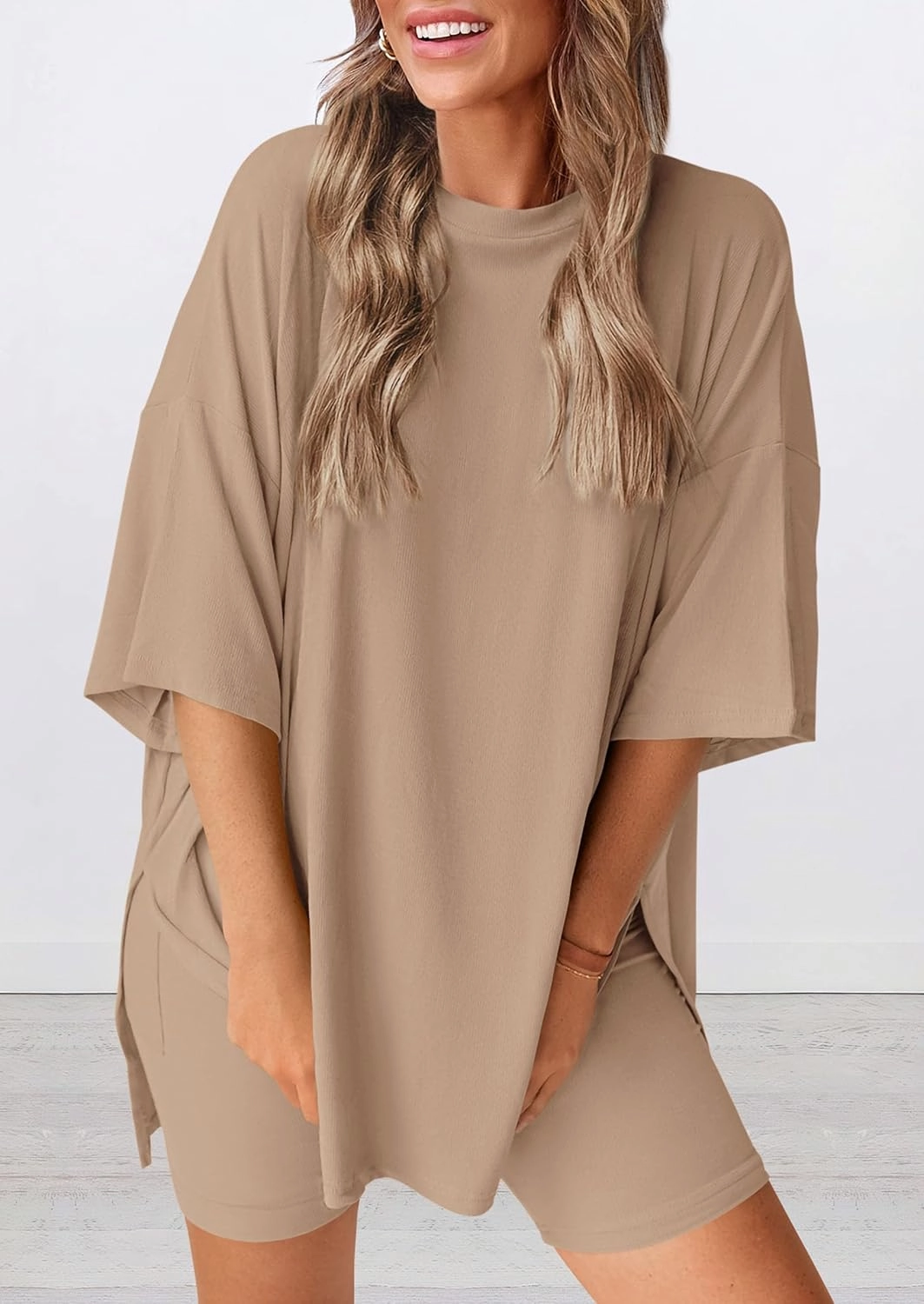 PRETTYGARDEN Women's Two Piece Lounge Set 2025 Summer Casual Oversized Shirts Biker Shorts Matching Airport Travel Outfit