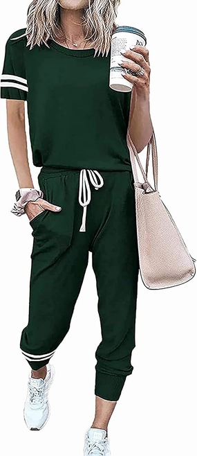 PRETTYGARDEN Women Summer Two Piece Outfits Striped Short Sleeve Pullover and Long Pants Tracksuit Travel Pajama Lounge Set
